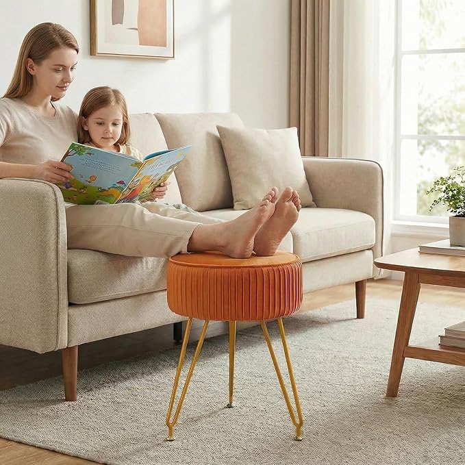 Velvet Vanity Stool, Modern Ottoman Foot Rest Stool with Adjustable Golden Legs, Makeup Chair for Vanity, Multifunctional Small Vanity Chair for Bedroom, Orange