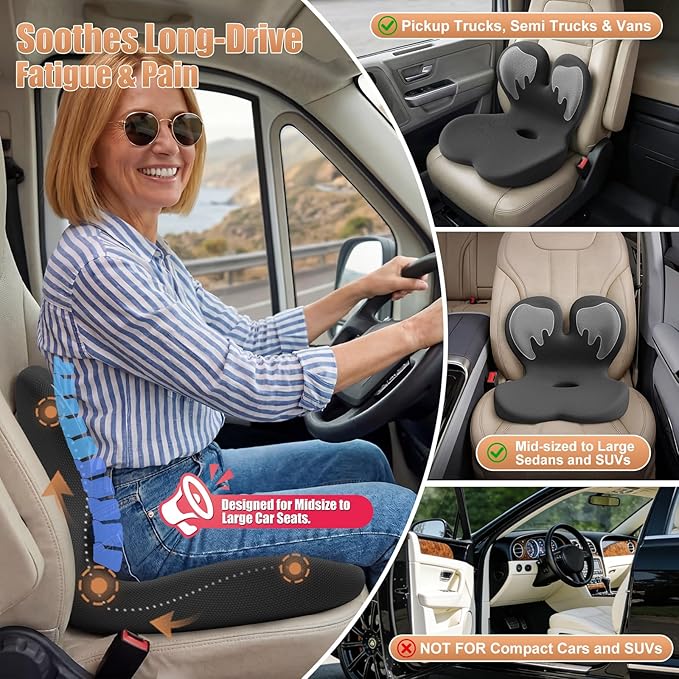 Car Seat Cushion with Lumbar Support for Long Driving Truck RV, Ergonomic Memory Foam Office Chair Cushion for Sciatica, Tailbone & Lower Back Relief, Ideal Gift for Drivers & Office Workers (White)
