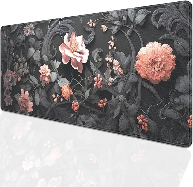 Black Floral Large Mouse Pad Desk Pad,27.5x11.8 in Extended Keyboard Mousepad with Stitched Edges, Waterproof Non-Slip Rubber Base for Office Computer Laptop Home