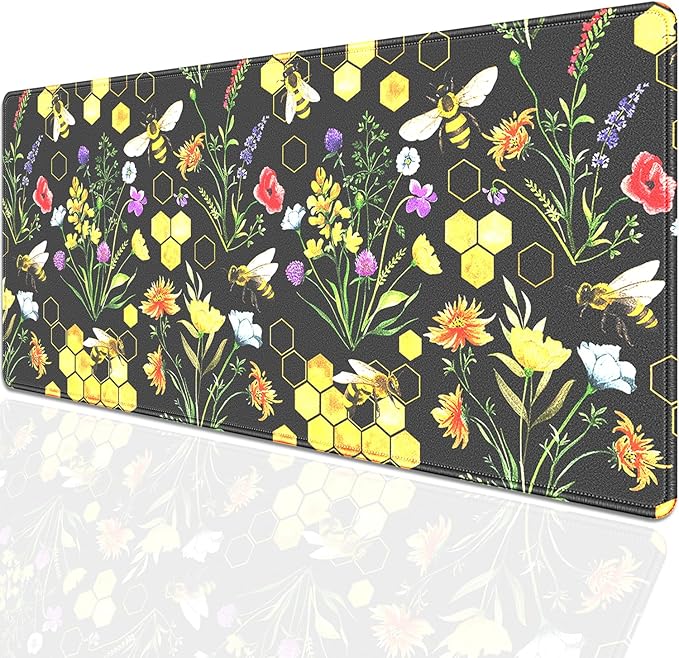 Bees and Honeycombs Mouse Pad,XL Large Wildflowers Mousepad Desk Pad with Stitched Edges,Non-Slip Waterproof Rubber Base Mouse Mat Desk Mat for Office Computer Keyboard Laptop Home 27.5x11.8 in