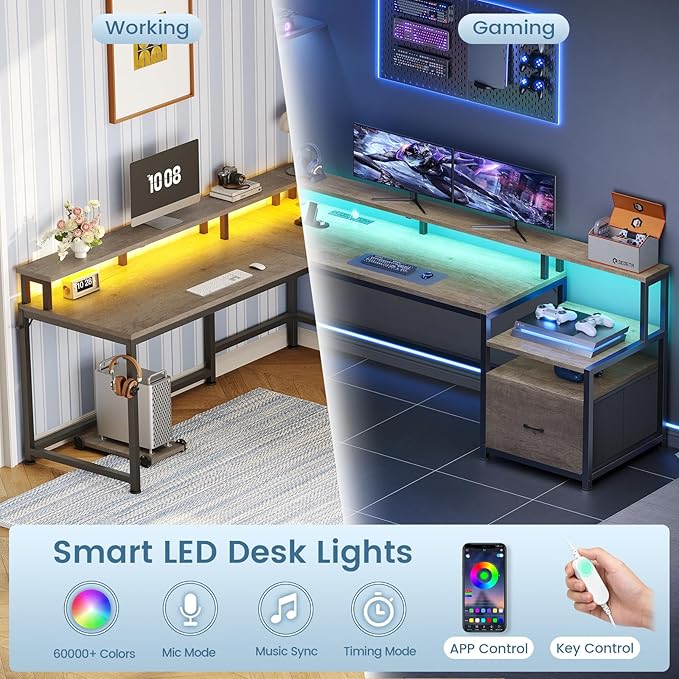 SEDETA 66" L Shaped Desk with Power Outlet, Reversible Home Office Computer Desk with File Drawer & Monitor Shelf, Storage Shelves, LED Lights for Corner Small Spaces, Walnut