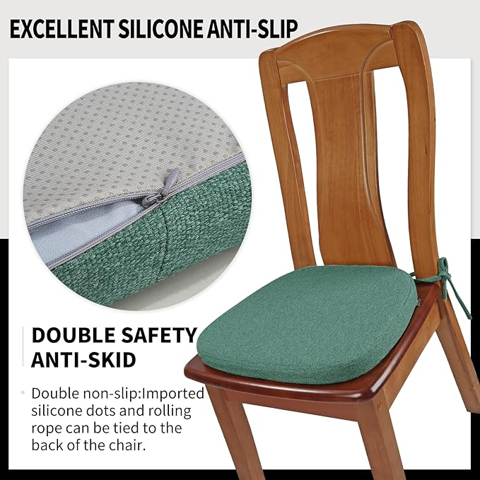 SINOSSO 4 Pack Memory Foam Chair Cushions for Dining Chairs, Friendly Woven Fabric 16" U-Shape Comfortable Kitchen Chair Pads, Removable Slip Resistant Seat Cushions (Set of 4, Green)