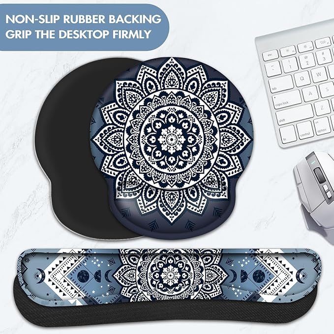 Keyboard Wrist Rest, Ergonomic Mouse Pad Wrist Support, Memory Foam Wrist Rest, Anti-Slip Base, Mousepad with Coaster for Computer Keyboard Office Home, Mandala
