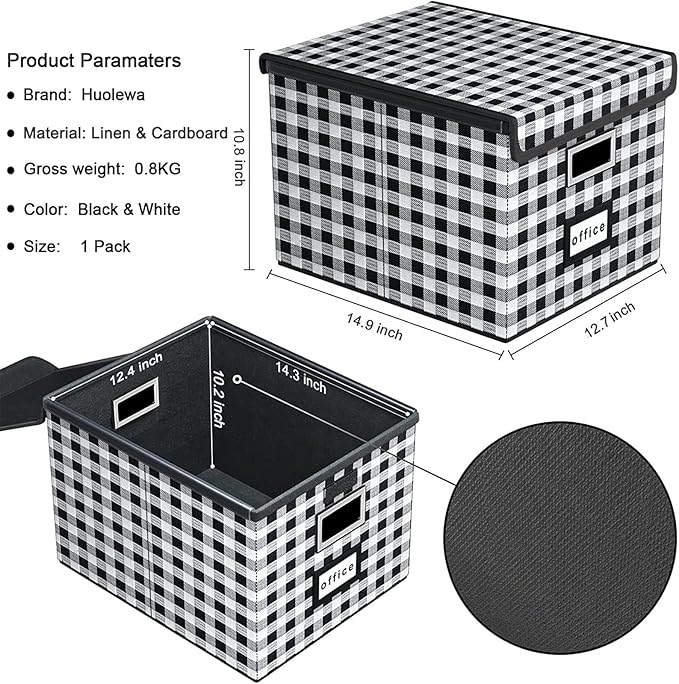File Organizer Box with Lid, Collapsible File Folder Organizer for Office Document Storage, Filing Box with Plastic Slide for Letter Size Hanging File Folders(1 Pack, Black & White Lattice)