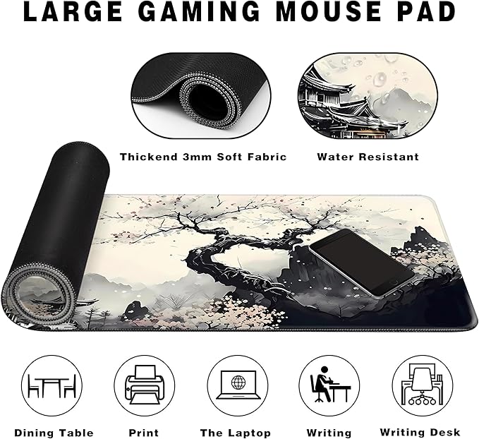 Long Gaming Mouse Pad Extended Anime Large Desk Pad with Non-Slip Base Full Keyboard Mat with Stitched Edges for Gaming and Office 31.5 x 11.8 inches (Wash Painting)