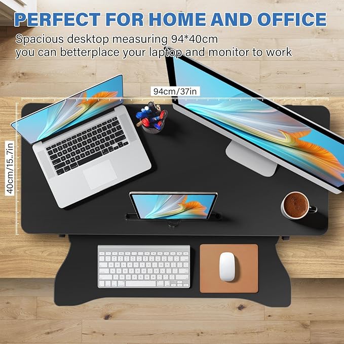 37" Height Adjustable Standing Desk Converter, Two Monitor Stable Stand up Desk Converter, 5.9"-18.8" Height Adjustable Laptop Workstation with Keyboard Tray, Desktop Riser for Home and Company