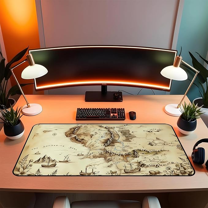 Medieval Map Desk Mat Mouse Pad XXL, Fantasy Extended Large Gaming Deskmat Mouse Pads, Desktop Computer Pad Mat Laptop Keyboard Mats, Desktop Protector Pad Office Game Player Gift 31.5"X15.7"