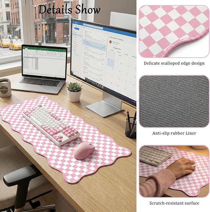 Scalloped Desk Mat Extended Large Cute Pink Mouse Pad Farmhouse Desk Pad XXL Aesthetic Plaid Mousepad Checkered Gaming Mouse Pad for Keyboard Computer Laptop Home Office Accessories Girl 35.4X15.7Inch