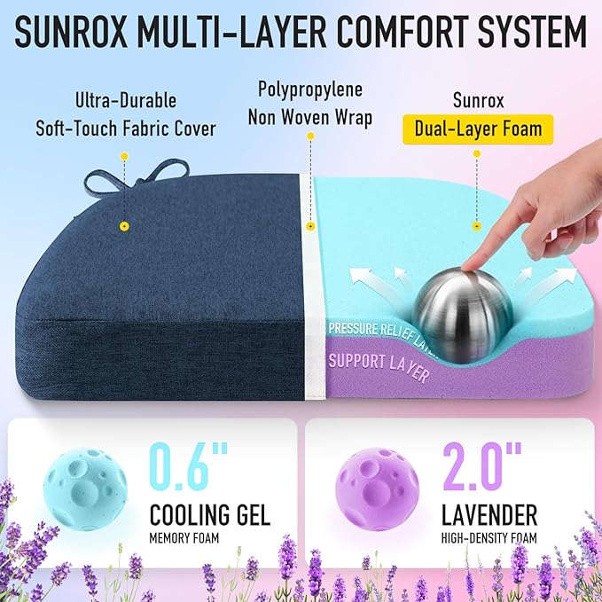 SUNROX Cooling Gel Memory Foam Chair Cushions, 2.6" Thick U-Shaped Dual-Layer Comfort Dining Chair Pads, Non Slip Seat Cushion with Ties for Indoor Kitchen Office 17"x16" Set of 8, Navy