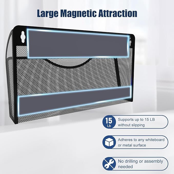 Magnetic File Holder 6 Pockets File Folder Organizer, Office Hanging Magazine Rack for File Cabinets, Magnetic Paper Holder, No Drilling Mail Organizer for Refrigerator, Office