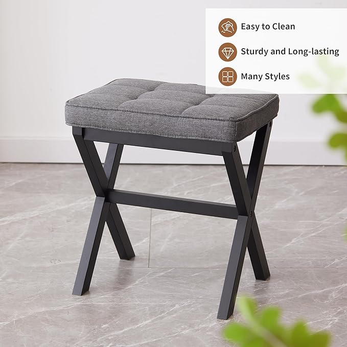 Foot Stool Small Ottoman Foot Rest Padded Foot Stool Desk for Under Office Desk Vanity Stool Bamboo Footstool Sofa Footrest Shoe Stool Small Foot Stools (Black Legs + Gray)