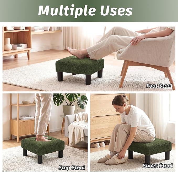 Joveco Small Foot Rest Stool Ottoman, 3D Velvet Square Upholstered Footstool for Chair, Under Desk, Office, Living Room, Deep Green