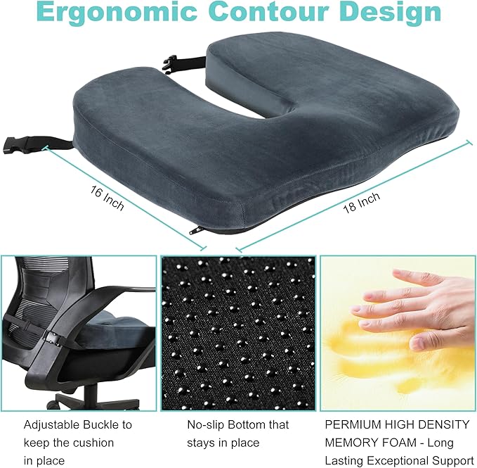 Tailbone Pain Relief Office Chair Cushion 10-Inch Extended U-Cutout,Large-18"x16"x3",Coccyx,Sciatica Pain Relief Memory Foam Wheelchair Car Seat Cushion,But Pillow Pad for Pressure Relief, Blue Grey