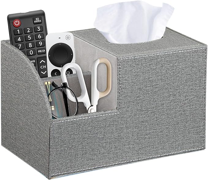 Square Tissue Box Cover with Storage, PU Leather Cube Tissue Box Holder, Remote Control Nightstand Organizer, Modern Desk Caddy for End Table, Bathroom, Bedroom, Home, Office Decor(Grey)