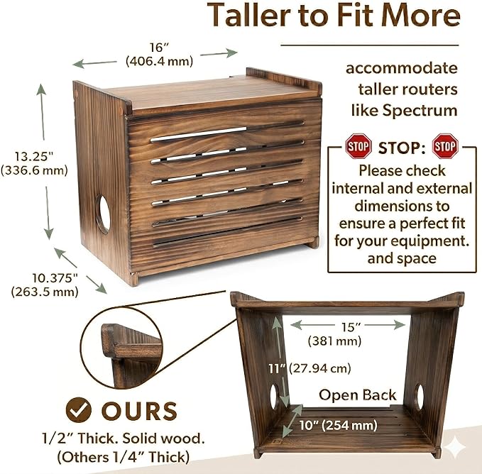 Wooden WiFi Router Storage Box - Deluxe Wall Mountable Decorative Modem Shelf Hider Cover with Cable Management System - Rustic Home Organization Solution for Most Routers Up to 11" Tall - Dark Oak
