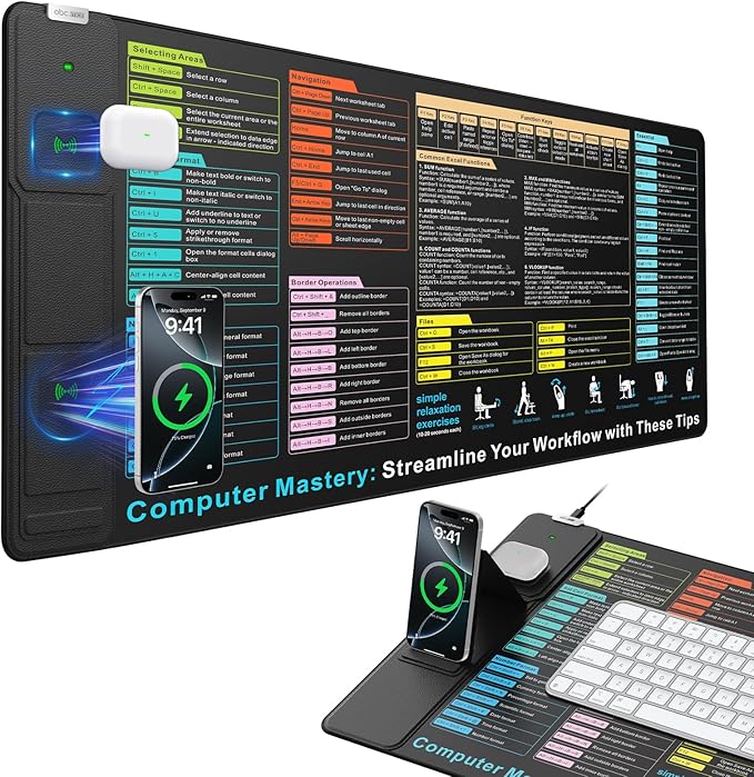 Wireless Charging Mouse Pad with Foldable Phone Holder, 31.5"x15.8" XXL Excel Cheat Sheet Desk Mat for Laptop/Keyboard, Waterproof Ultra-Smooth Surface, Non-Slip Base