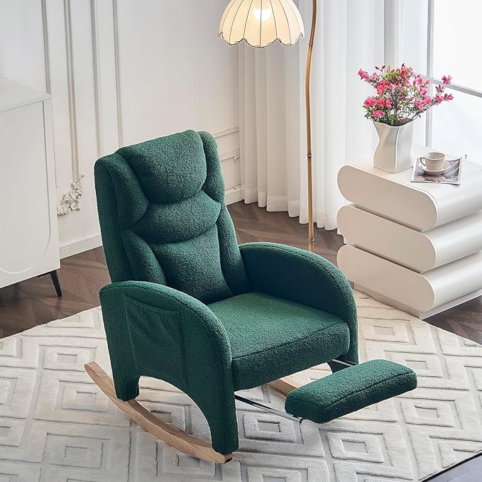 Comfy Rocking Chair Nursery Glider, Upholstered Nursery Chair with Foot Rest, Modern Rocker Chair with Pocket, Accent Armchair with Smooth Rocking Base for Nursing, Reading, Relaxing (Green Teddy)