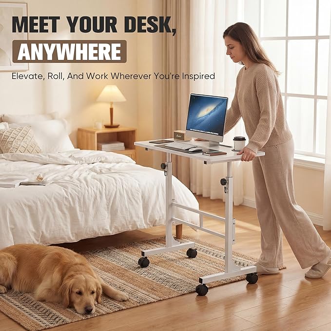 Furmax 31.4" Small Portable Standing Desk Height Adjustable with Lockable Wheels, Mobile Stand Laptop Computer Workstation for Walking Pad Treadmill (White)