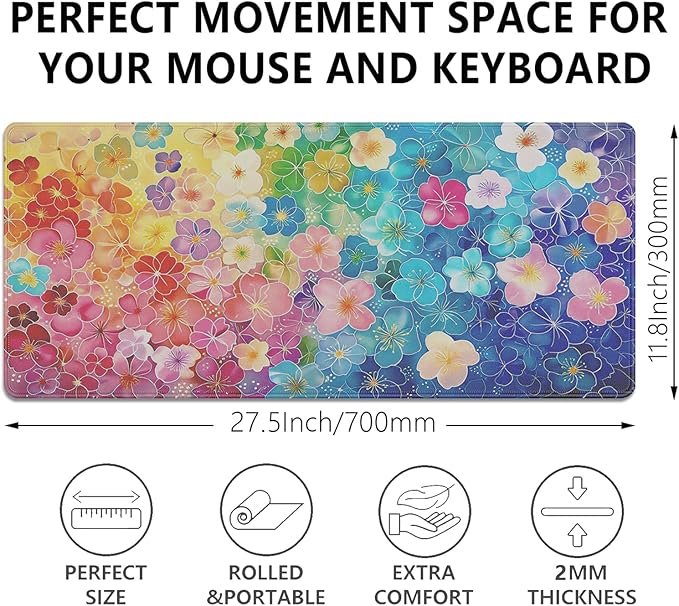 Colorful Floral Large Mouse Pad Desk Pad, 27.5x11.8in Vibrant Rainbow Flower Extended Keyboard Mousepad with Stitched Edges, Non-Slip Waterproof Rubber Base for Office, Computer, Laptop & Home