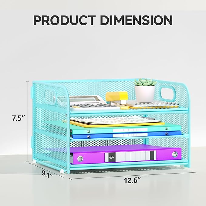 Cawukege 3 Tier Paper Organizer with Handle, Metal Desk Organizer Mesh Paper Letter Tray Desktop File Folder Document Sorter for Classroom, School, Office Accessories Storage (1, Blue)