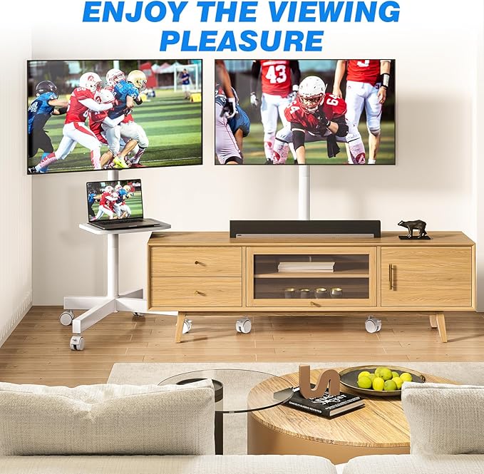Rfiver Mobile TV Stand for 23-65 Inch LCD LED Flat/Curved Panel Screen TVs up to 88 lbs, Rolling TV Stand with Adjustable Shelf & Tilt, Portable Floor Stand on Wheels for Bedroom, Living Room, White