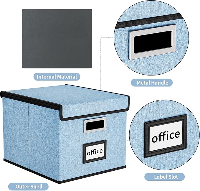 File Organizer Box with Lid, Collapsible File Folder Organizer for Office Document Storage, Filing Box with Plastic Slide for Letter Size Hanging File Folders(1 Pack, Powderblue)