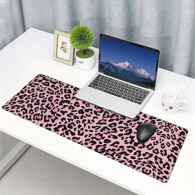 Pink Leopard Large Mouse Pad & Desk Mat Extended Mousepad with Stitched Edges Non-Slip Rubber Base Laptop Computer Keyboard Pad for Gaming, Office & Home Decor, XL - 31.5" X 11.8"