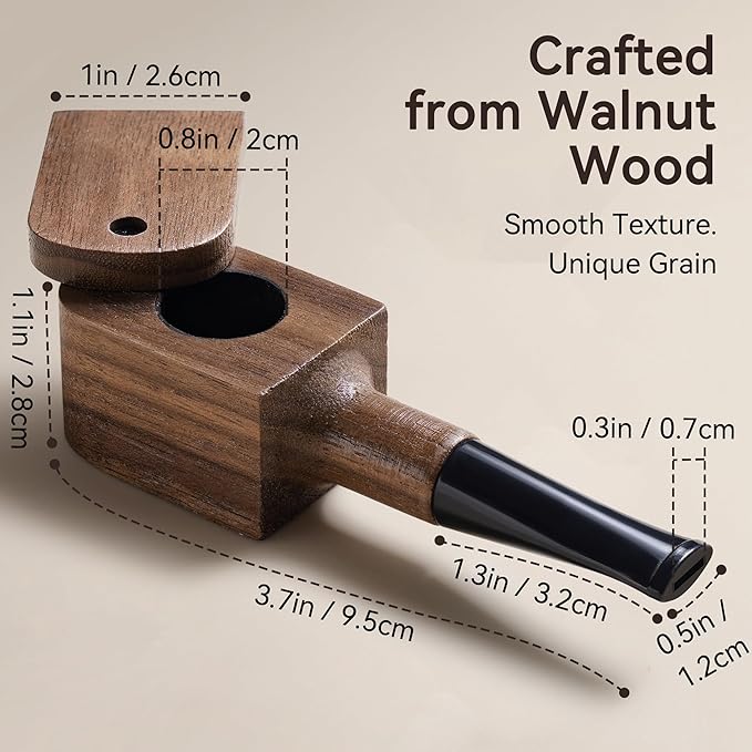 Tobacco Pipe Set - Walnut Wood Square Design Compact Size Classic Style with Cleaning Tool Kit and Screen Inserts for Adult Tobacco Users Desk Daily Use and Gifting