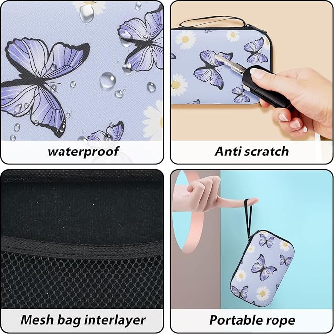 Cute Phone Charger Storage Case Set with Carrying Bag Purple Flowers Floral Butterfly pattern Cable Protector accessories Travel Cable Organizer,Earphone Charger Protector Cover Compatible for iPhone