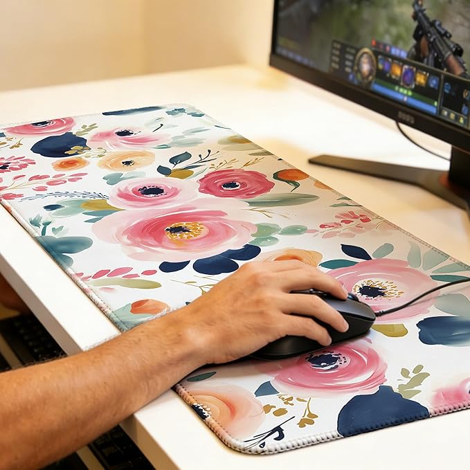 Large Gaming Mouse Pad Watercolor Floral Desk Mat,Non-Slip Rubber Base Stitched Edges,Extended Mousepad for PC,Laptop,Office,Home Decor(31.5 x 11.8 Inch)