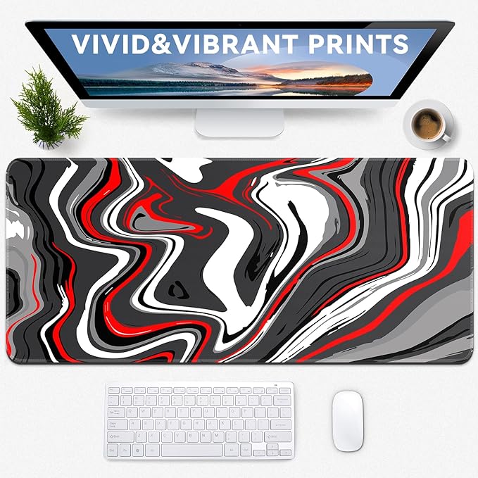 Gaming Mouse Pad Big Mousepad with Non-Slip Rubber Base, 31.5 x 11.8 in XL Large Desk Mat for Gaming Home Office, Long Keyboard Pad Mouse Mat for Computer with Stitched Edges, Grey and Red Fluid