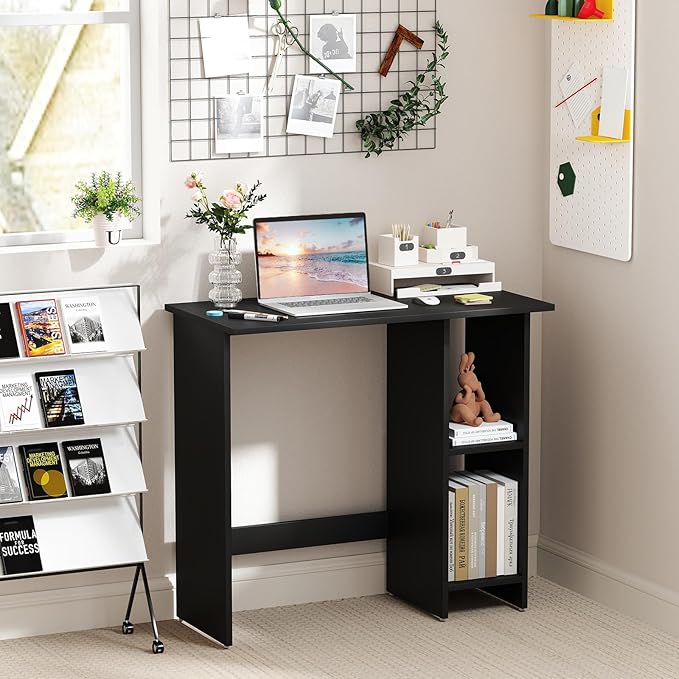 Giantex Small Desk, Compact Study Writing Desk with 3-Position Adjustable Shelf, Anti-Toppling Kit, Modern PC Laptop Table, Home Office Computer Workstation for Small Space Bedroom Dorm, Black