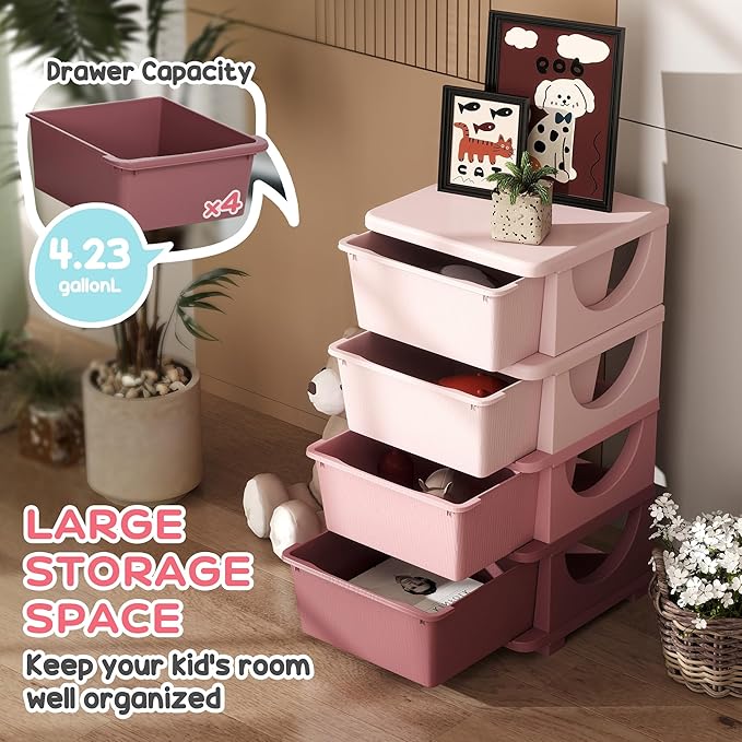 Qaba 4 Tier Kids Storage Unit, Toy Organizers and Storage with 4 Drawer Chest for Kids Bedroom Nursery Kindergarten Living Room for Boys Girls Toddlers, Pink
