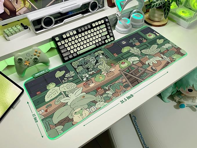 JMIYAV Little Frog RGB Green Gaming Mouse Pad 31.5x12 Inch PC XL Large Glowing Led Light Up Desk Pad Non-Slip Rubber Base Computer Cute Mousepad Mat Desk Accessories Gaming Setup 31.5x12 Inch
