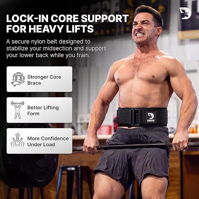 DMoose Weight Lifting Belt - Auto Locking Gym Belt for Olympic Training, WOD, Cross Training for Men and Women - 4" Nylon Workout belt with Adjustable Buckle - Provides Lumbar Support and Stability