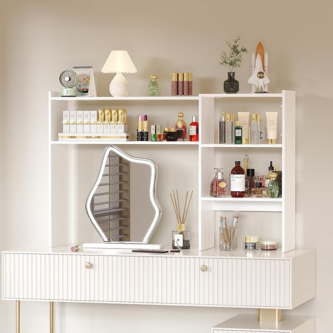 Aetheris Desktop Bookshelf, 43”Adjustable Office Desktop Organizer Shelf, Countertop Storage Hutch with 4 Shelves for Computer Desk, Adjustable Desk Hutch, Wooden Desktop Bookcase for Dorm Office Home
