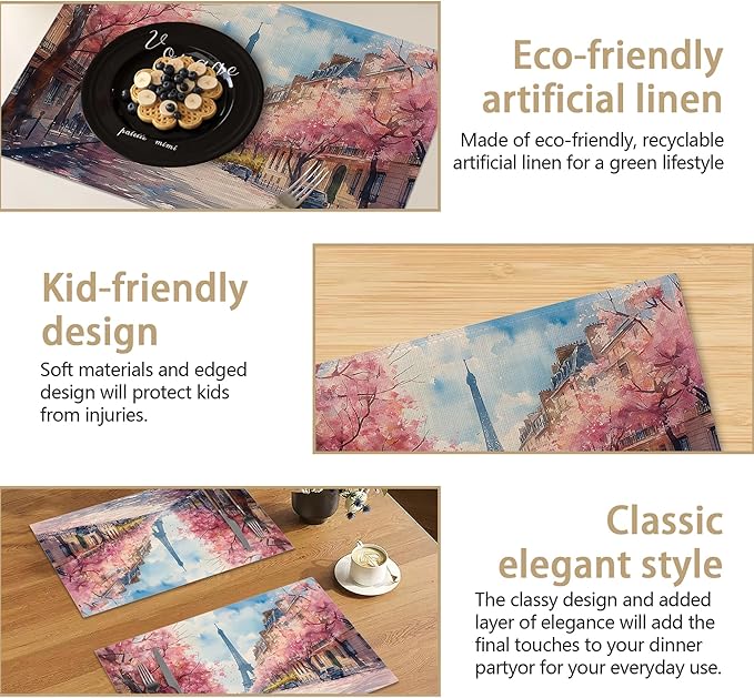 Paris Tower Pink Romantic Tree Linen Placemats Set of 6, Decorative Table Mats 12x18 Inch, Washable Heat Resistant Placemats for Dining Table Kitchen Home Decor
