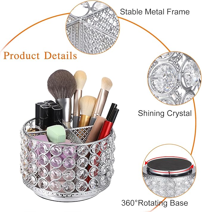 Hipiwe Crystal Vanity Organizer Makeup Brush Holder- 360 Rotating Cosmetic Brushes Display Organizers Spinning Remote Control Holder Bathroom Storage Organizer for Eyebrow Pen Pencil,Silver 4-Slot