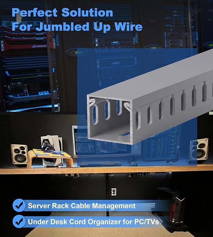 ZhiYo H1.4 W1.6 in Server Rack Cable Management Raceway, 144in (4X L36in) Cable Raceway Kit, Electrically Safe PVC Open Slot Wire Cord Hider for Under Desk/Computer/Network Cords, Gray