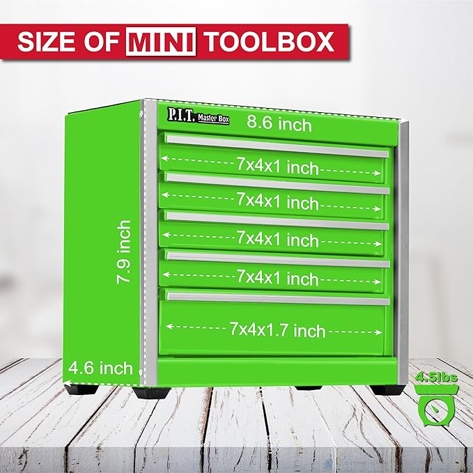 P.I.T. Mini Tool Box 8.6"W X 4.6"D, Portable 5-Drawer Micro Steel Stackable Toolbox with Liner, Green Cute Tool Case for Small Tools Parts Storage, Home DIY