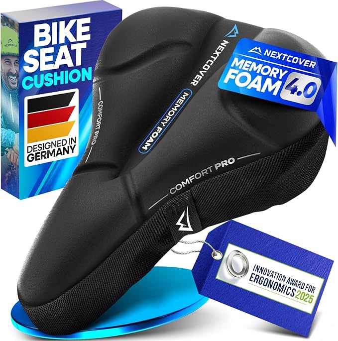 Nextcover® Bike Seat Cushion CoverPro with Memory Foam 4.0 I Ergonomic Bike Seat Cover - Ideal for Stationary, Mountain, Spin or Outdoor Bike I Comfortable Gel Padded Bicycle Seat Cushion