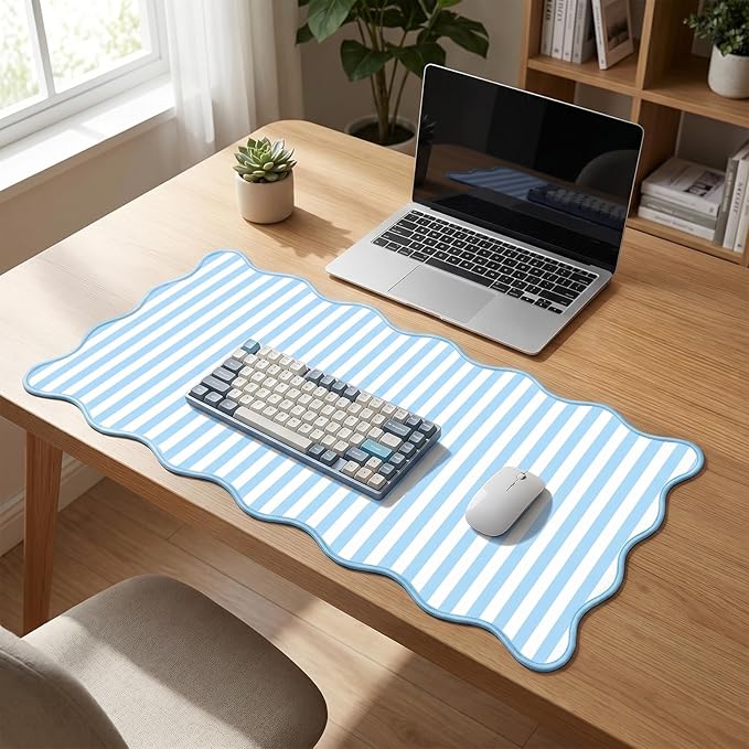 Scalloped Desk Mat Extended Large Cute Striped Mouse Pad Big Desk Pad XXL Aesthetic Stripe Mousepad Gaming Mouse Pad for Keyboard Computer Laptop Home Office Accessories 35.4X15.7Inches Blue White