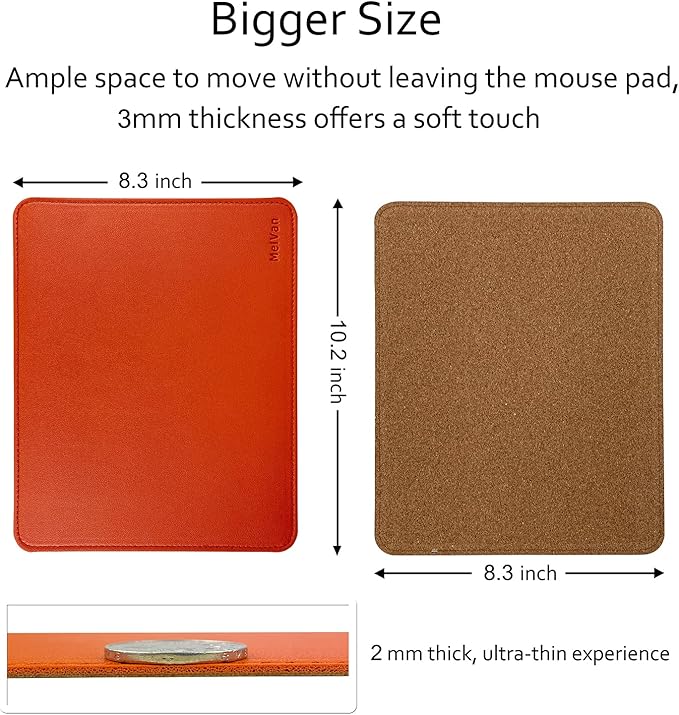MelVan PU Leather Mouse Pad with Stitched Edge, Wood Mousepad, Waterproof Gaming Mouse Pad Mat for Computers, Laptop, Office & Home, 10.2" x 8.3", 1 Pack (Orange)