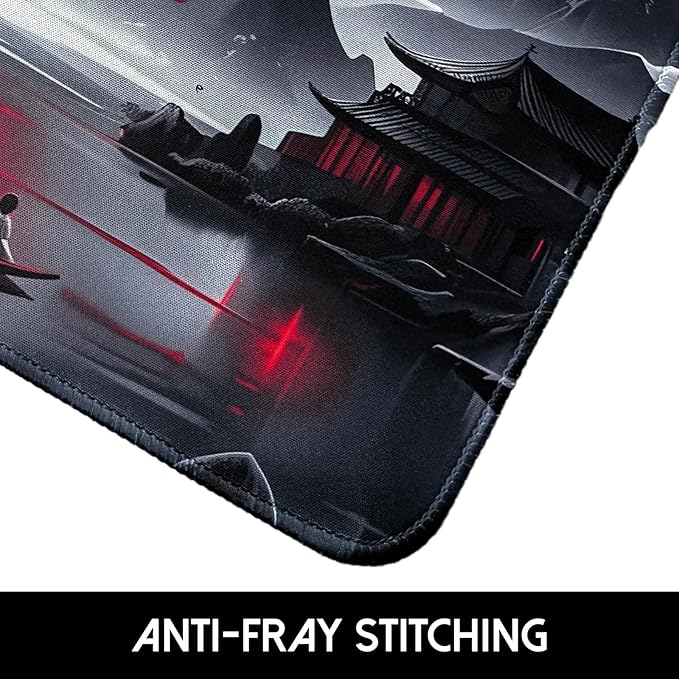 FreeNook Small Gaming Mouse Pad, Anime Black Mousepad with Stitched Edges, Expanded Cool Desk Mat, Japanese Red Moon Keyboard Mat Suitable for Home Office,10.2 X 8.3 Inch