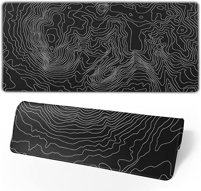 Topographic Contour Large Gaming Mouse Pad 35.4 x 15.7 Inch, Extended Mouse Pad with Non-Slip Rubber Base Geographic Mouse Mat for Computer Keyboard Pad Desk Pad Black for Home Office Gaming