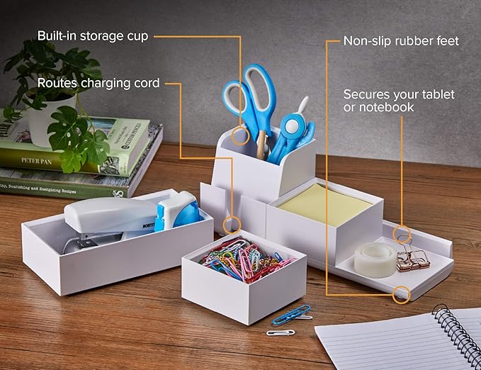 Bostitch Office Konnect Desk Organizer and Charging Station, 2 USB Ports & 2 Plugs, Charges Phones & Tablets, Accessory Tray, 4-Piece Design, White