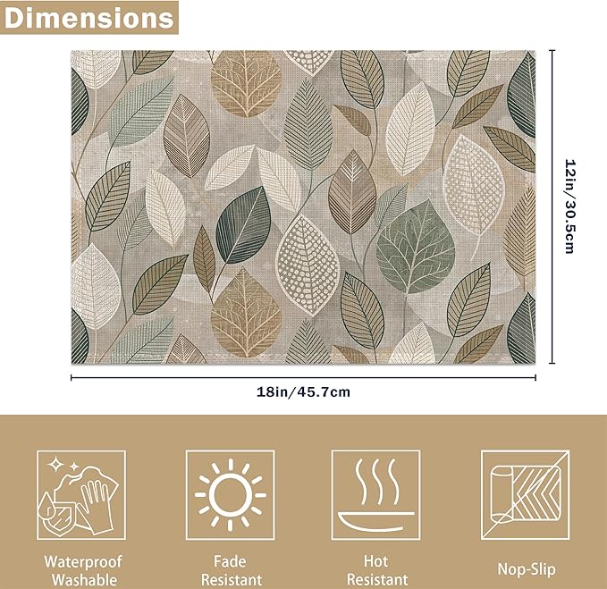 Linen Placemats Set of 6, Boho Green Leaves Washable Table Mats 12x18 Inch, Heat Resistant Non Slip Placemats for Dining Table Kitchen Everyday Use