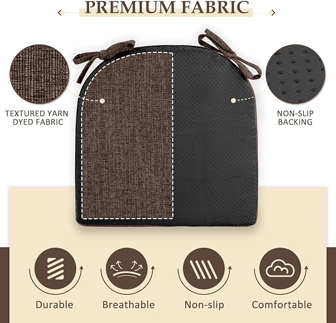 Wellsin Chair Cushions for Dining Chairs 4 Pack - Kitchen Chair Cushions with Ties and Non-Slip Backing - Dining Chair Pads 16"X16"X2", Brown