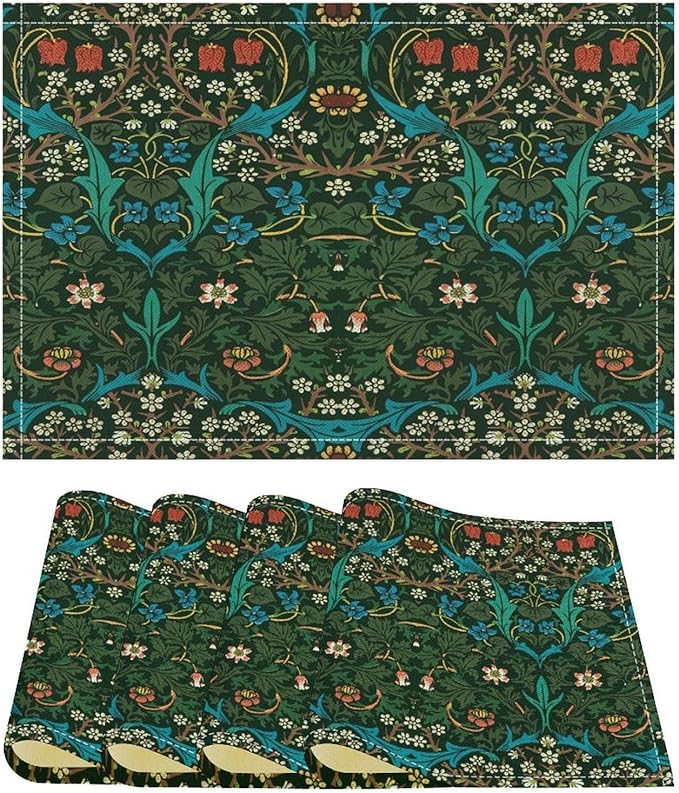William Morris Floral Placemats Vintage Flower Art Style Boho Chic Retro Floral Linen Washable Table Mats Stain Heat-Resistant Desktop Decor Place Mats for Home Kitchen Dining Party 12x18 in 6 Pcs