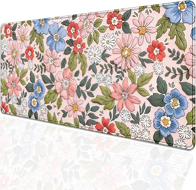 Pink Floral Large Mouse Pad Desk Pad,Flowers Extended Keyboard Mousepad with Stitched Edges, Waterproof Non-Slip Rubber Base for Office Computer Laptop Home 27.5x11.8 in